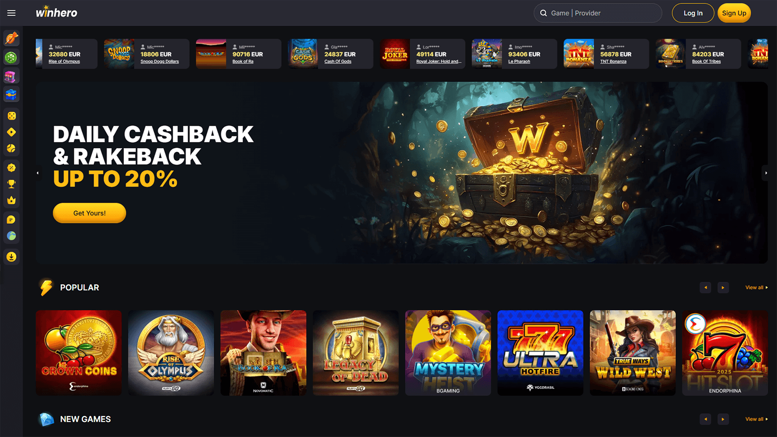 WinHero Casino Homepage in Ireland