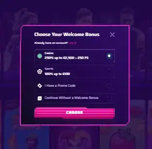 choose welcome bonus modal popup